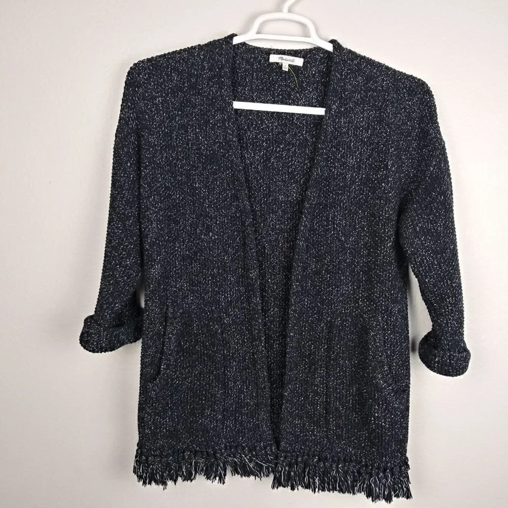 MADEWELL Memento Fringe Cotton open Cardigan Sweater black white size small